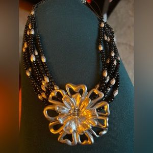 Black and silver beaded floral necklace